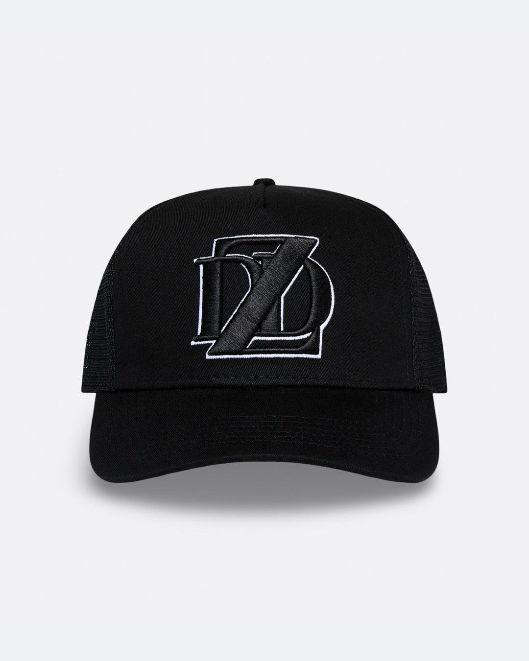 Black DopeDreamz Interlude Noir trucker cap front view with black embroidered DDZ logo
