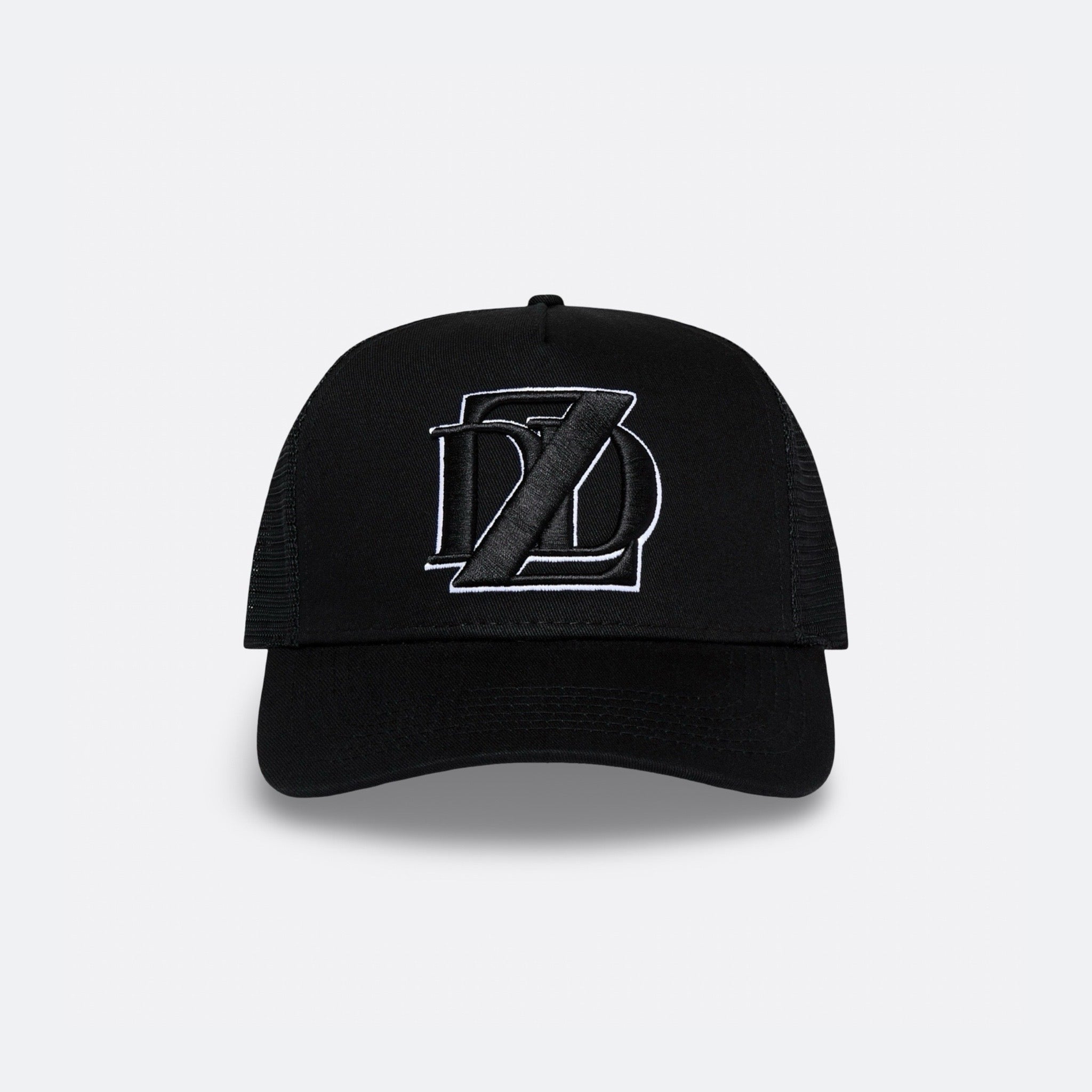 Black DopeDreamz Interlude Noir trucker cap front view with black embroidered DDZ logo