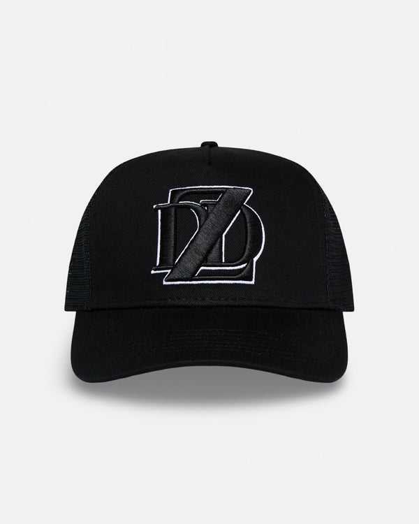 Black DopeDreamz Interlude Noir trucker cap front view with black embroidered DDZ logo