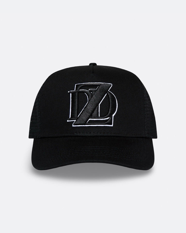Black DopeDreamz Interlude Noir trucker cap front view with black embroidered DDZ logo