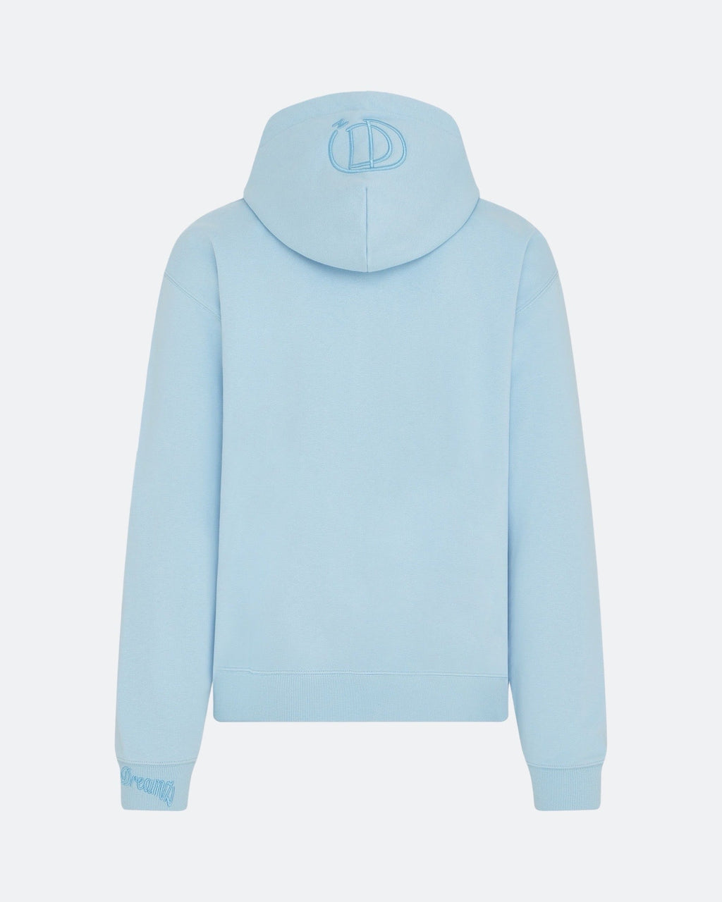 Sky blue hoodie with 3D embroidered back logo against a white background
