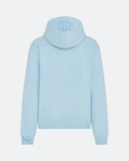 Sky blue hoodie with 3D embroidered back logo against a white background

