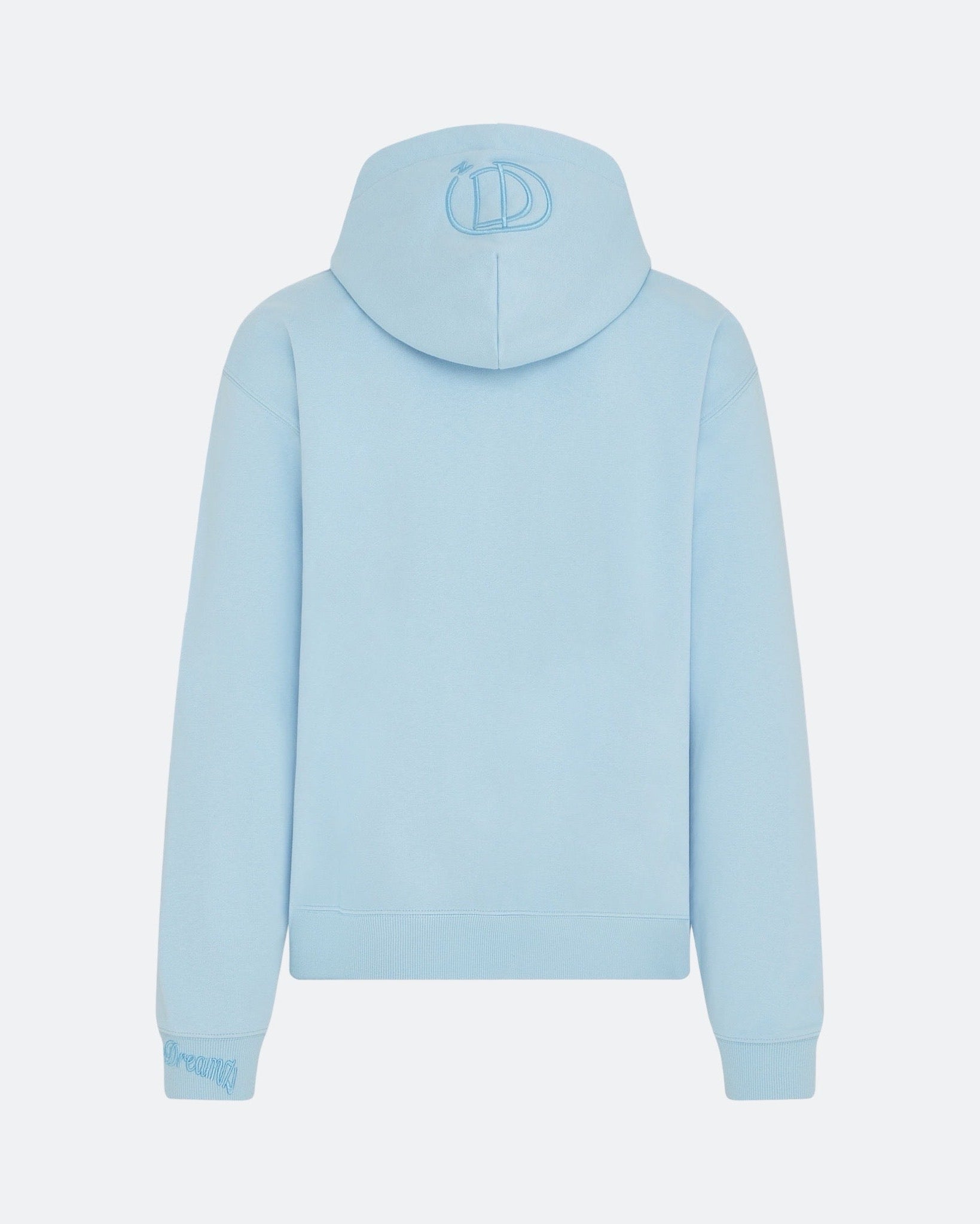 Sky blue hoodie with 3D embroidered back logo against a white background
