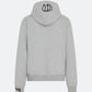 Grey hoodie with 3D embroidered back logo against a white background
