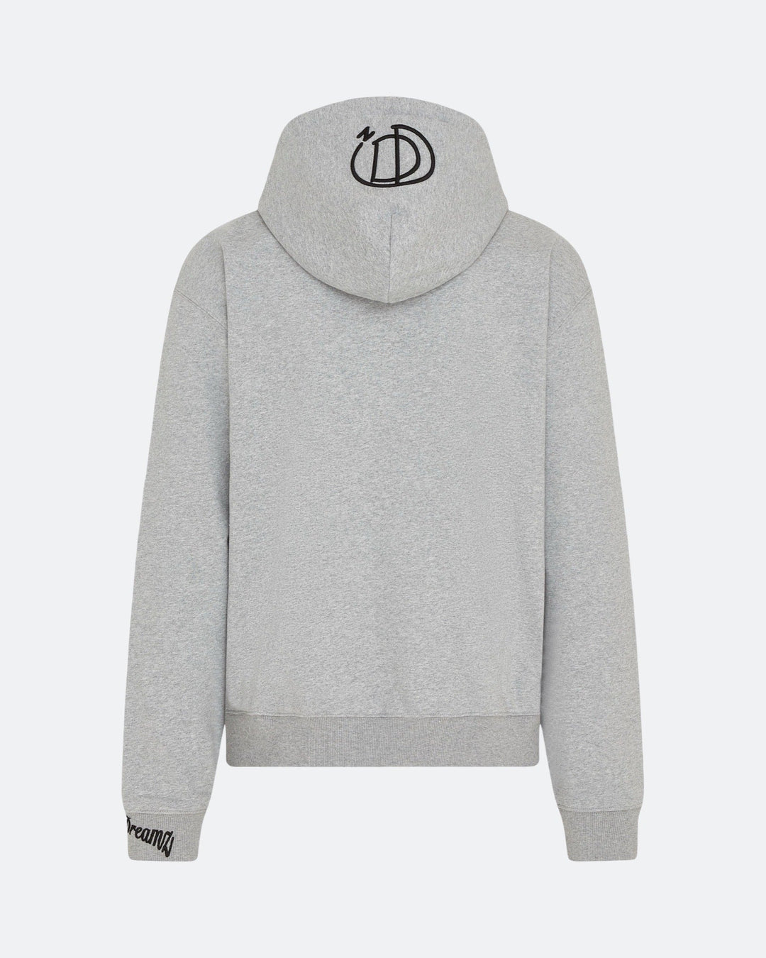 Grey hoodie with 3D embroidered back logo against a white background
