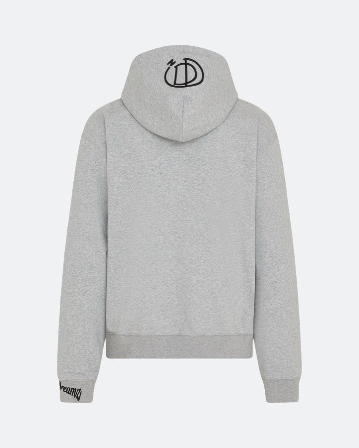 Grey hoodie with 3D embroidered back logo against a white background
