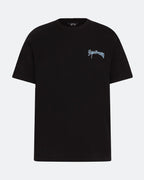 Black DopeDreamz t-shirt with sky blue 3D embroidered chest logo, front view on light background
