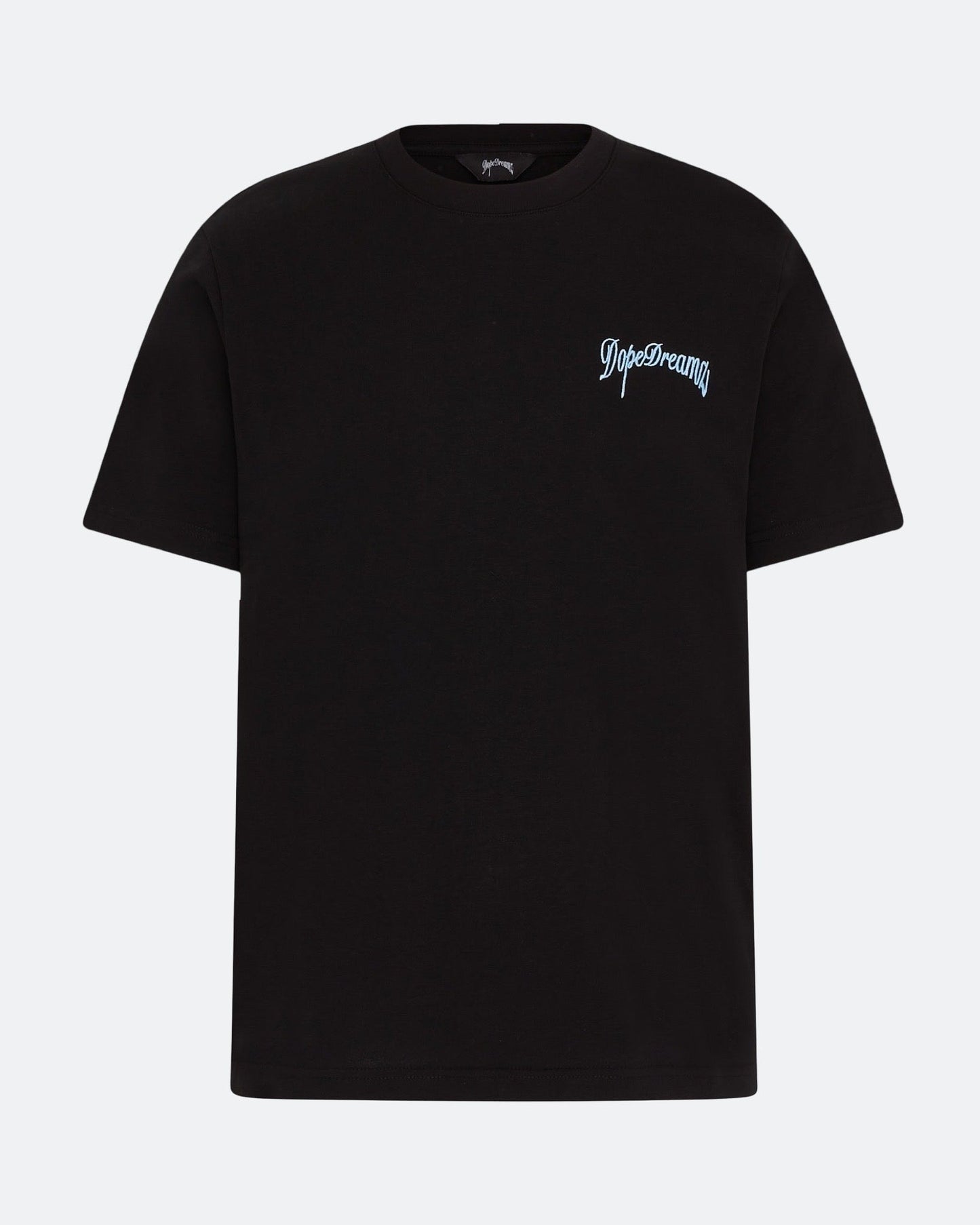 Black DopeDreamz t-shirt with sky blue 3D embroidered chest logo, front view on light background
