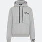 Grey hoodie with 3D embroidered logo on the chest against a white background
