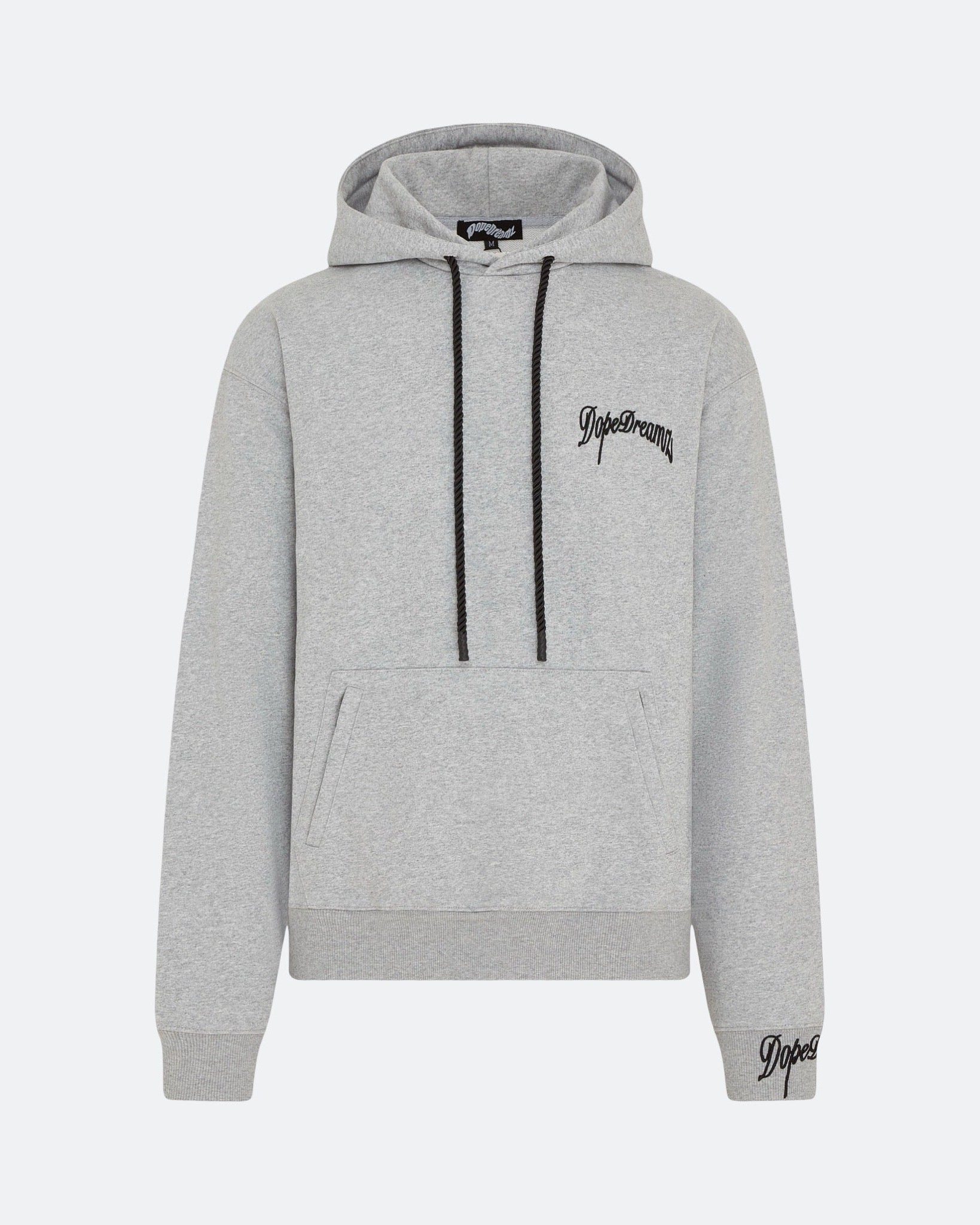 Grey hoodie with 3D embroidered logo on the chest against a white background
