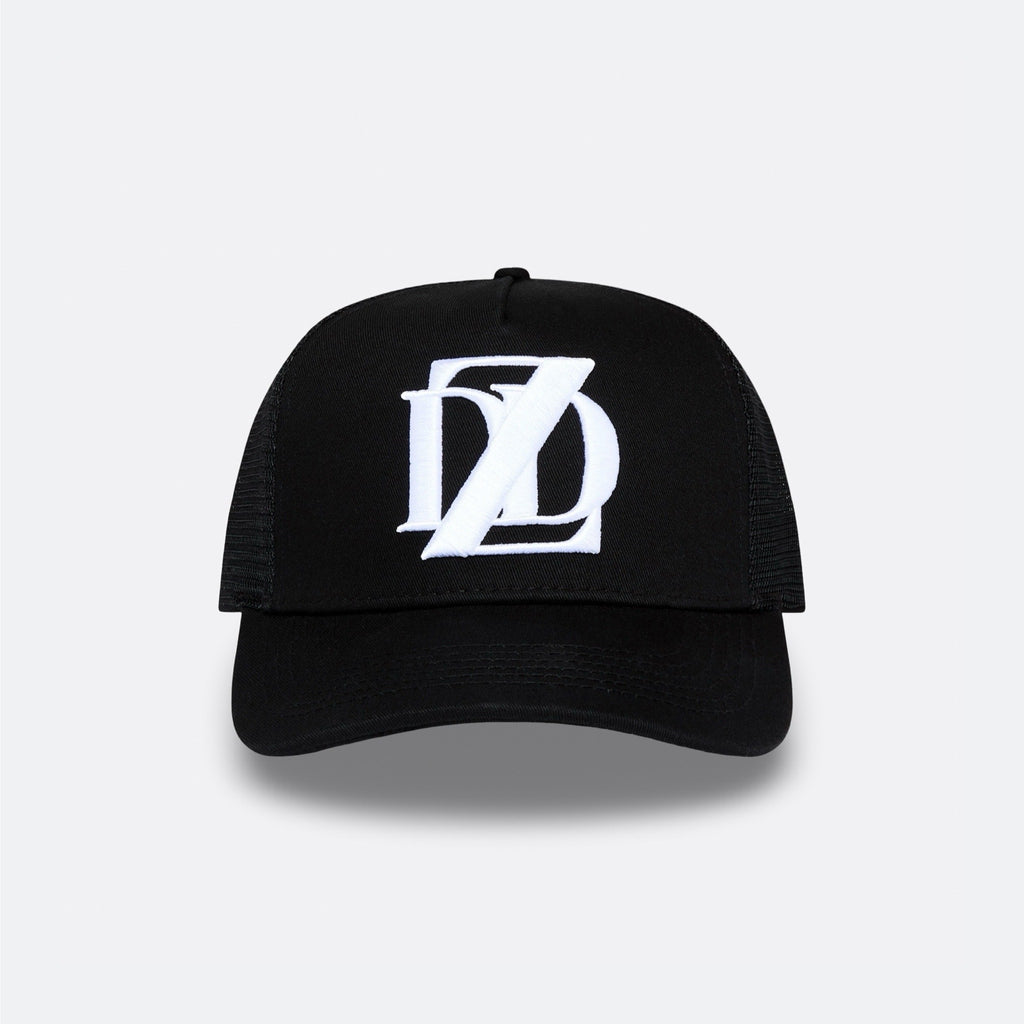 Black DopeDreamz Interlude Noir trucker cap front view with white embroidered DDZ logo