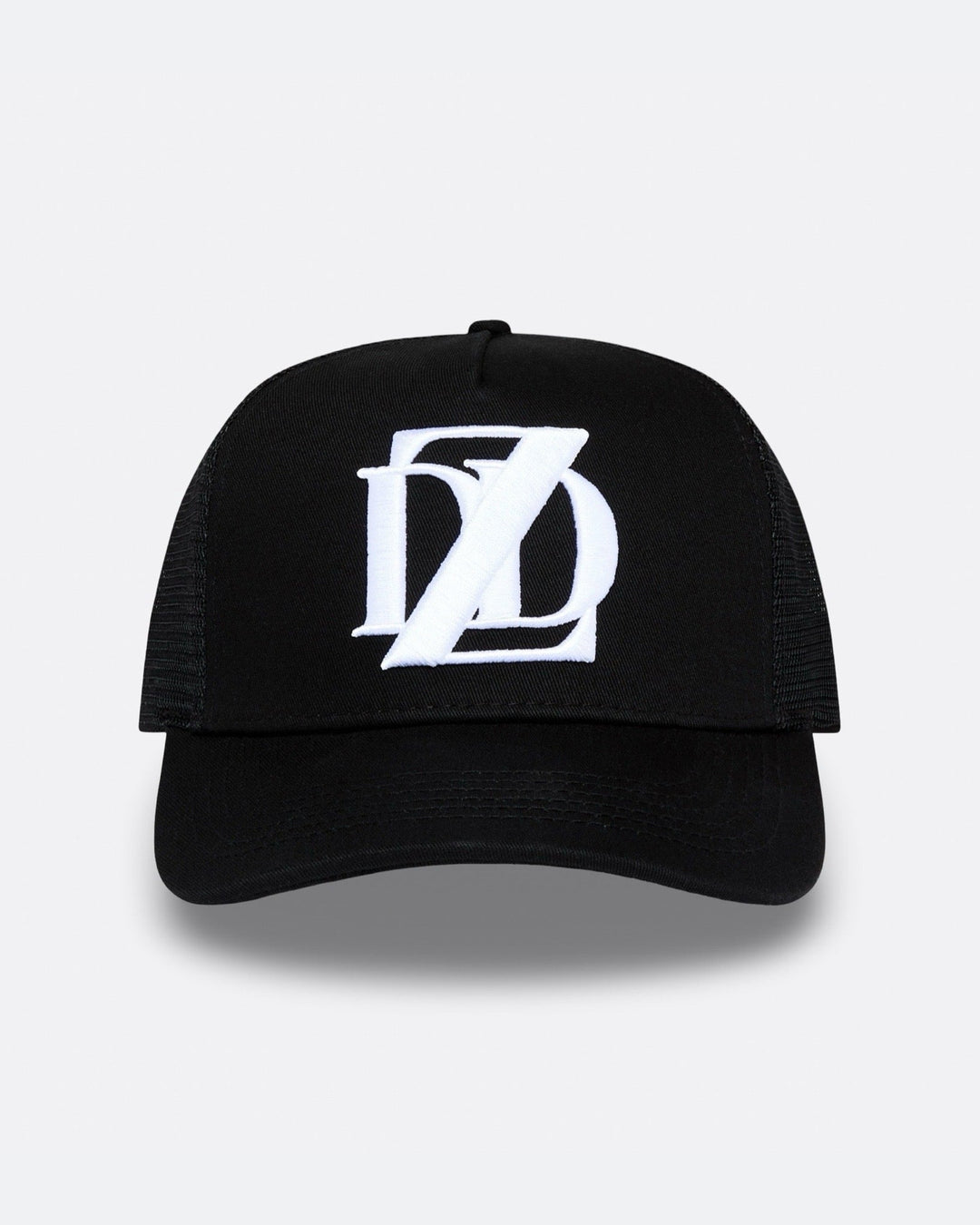 Black DopeDreamz Interlude Noir trucker cap front view with white embroidered DDZ logo