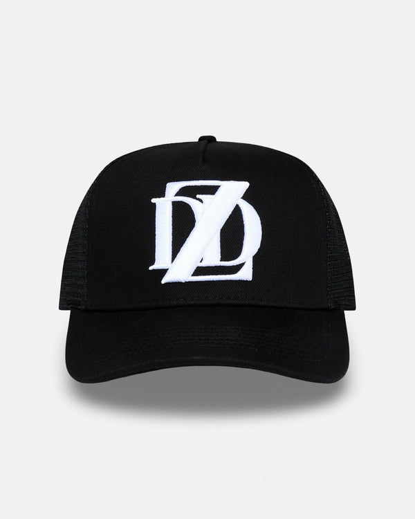 Black DopeDreamz Interlude Noir trucker cap front view with white embroidered DDZ logo