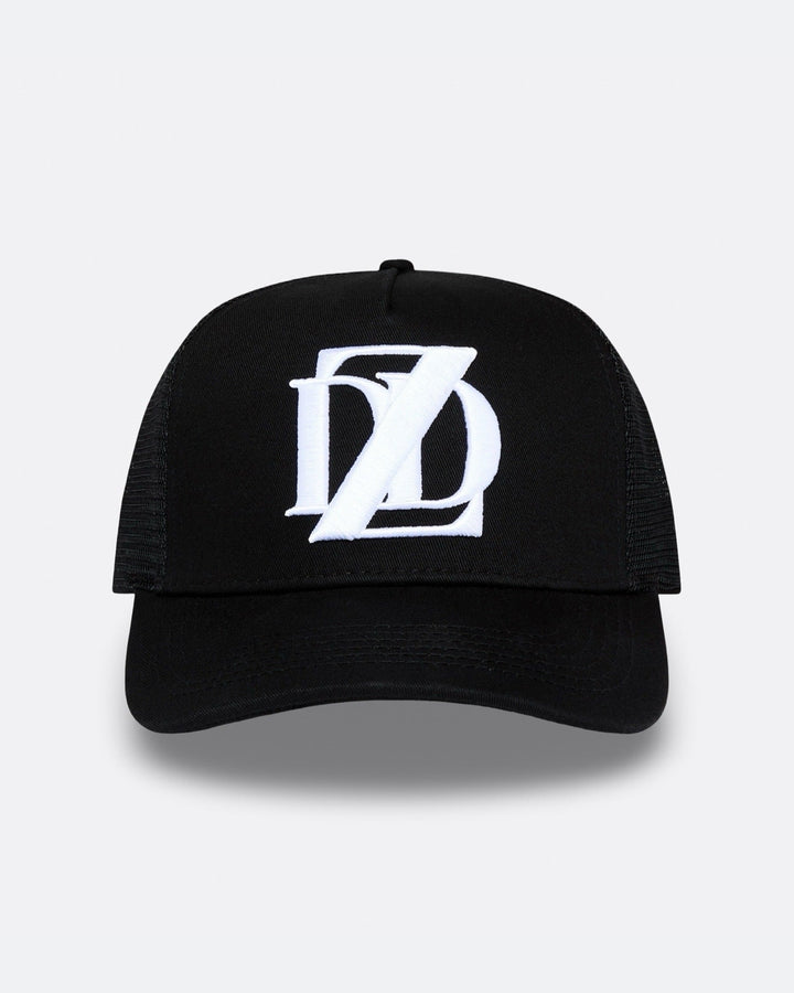 Black DopeDreamz Interlude Noir trucker cap front view with white embroidered DDZ logo