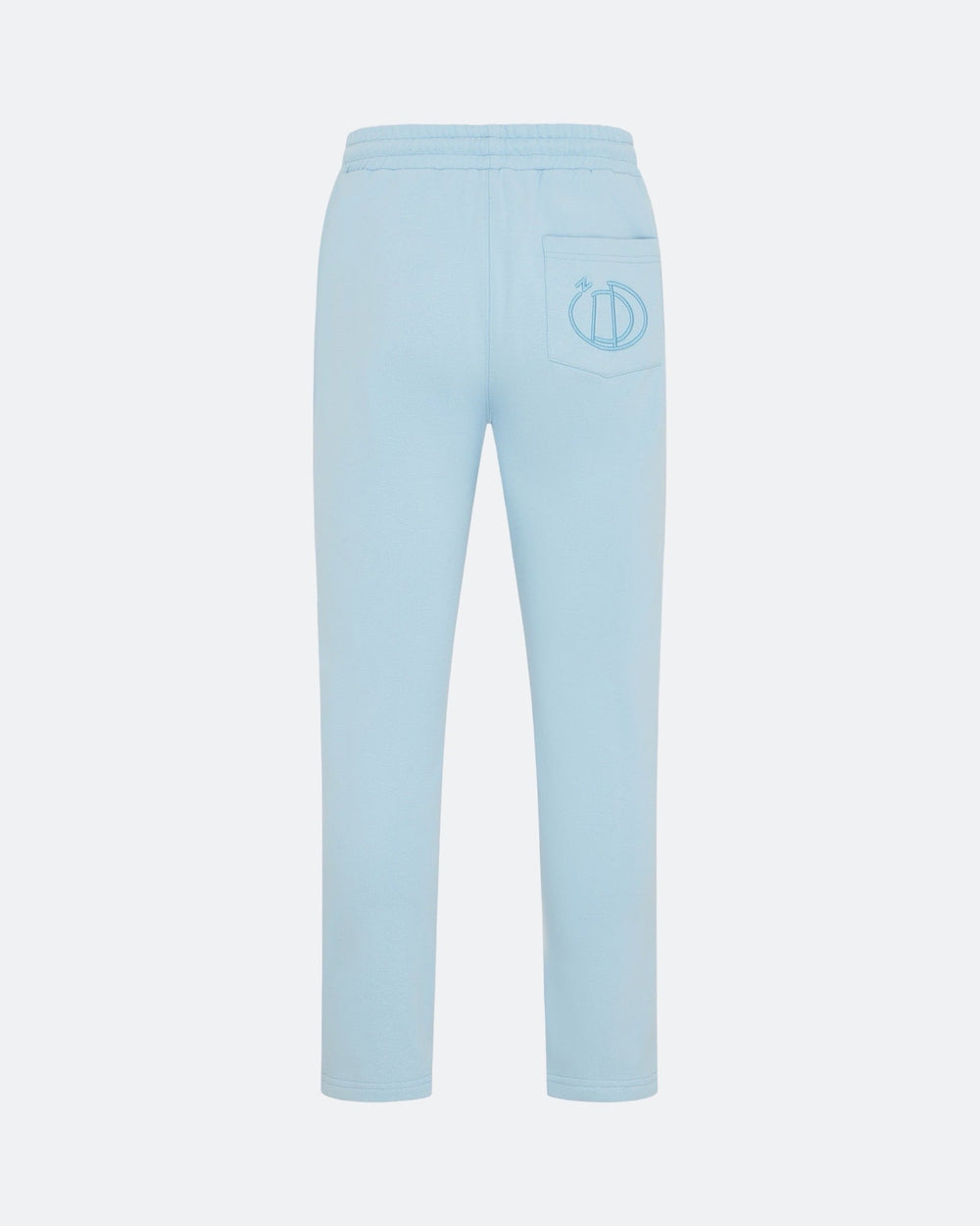 Sky blue joggers with back pocket 3D embroidery on a white background
