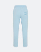 Sky blue joggers with back pocket 3D embroidery on a white background
