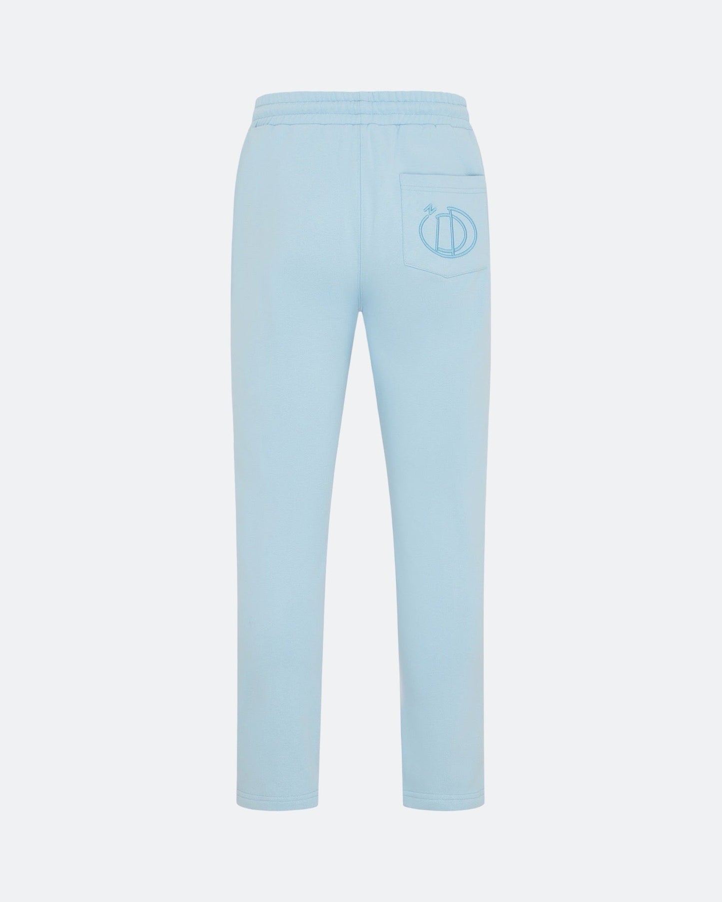 Sky blue joggers with back pocket 3D embroidery on a white background
