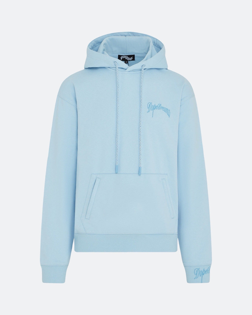 Sky blue hoodie with 3D embroidered logo on the chest against a white background

