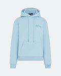 Sky blue hoodie with 3D embroidered logo on the chest against a white background
