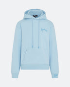 Sky blue hoodie with 3D embroidered logo on the chest against a white background
