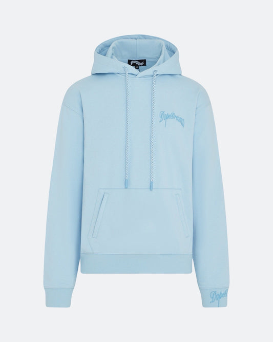 Sky blue hoodie with 3D embroidered logo on the chest against a white background
