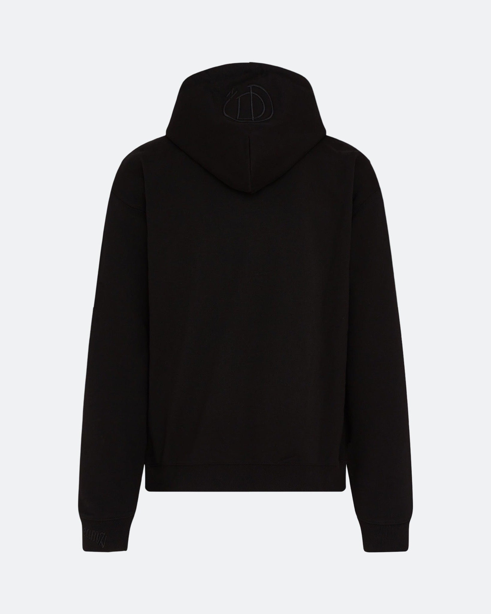 Black hoodie with 3D embroidered back logo against a light background
