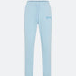 Sky blue joggers with embroidered 3D logo on a white background
