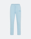 Sky blue joggers with embroidered 3D logo on a white background
