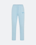 Sky blue joggers with embroidered 3D logo on a white background

