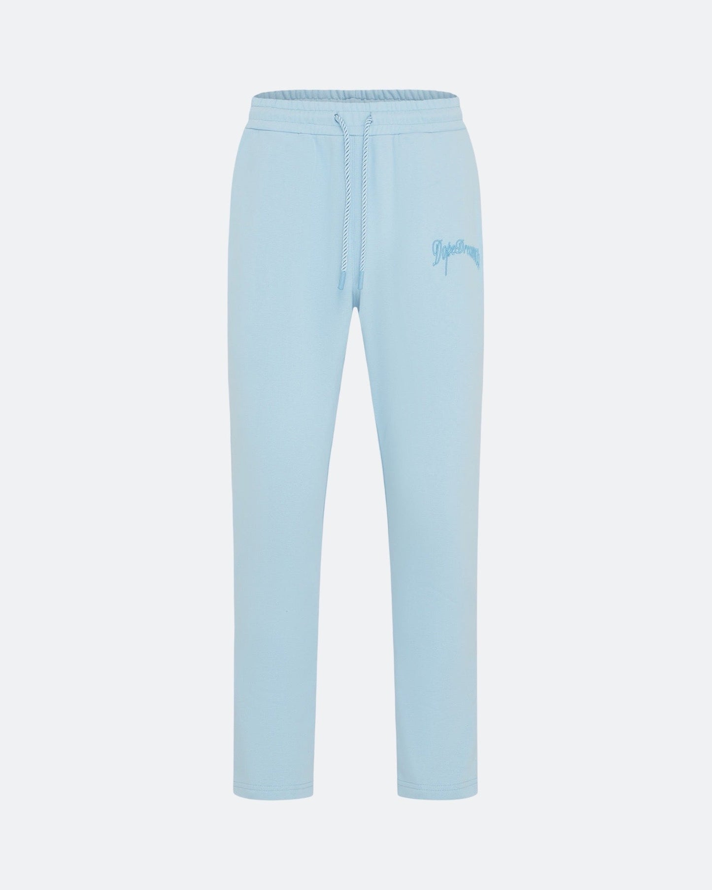 Sky blue joggers with embroidered 3D logo on a white background
