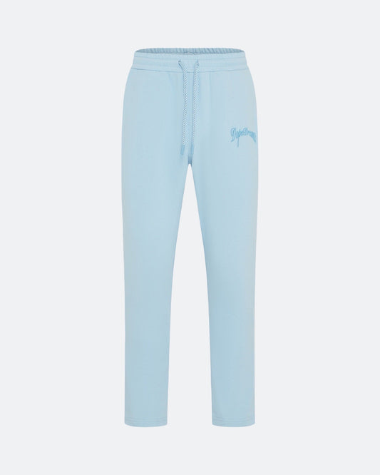 Sky blue joggers with embroidered 3D logo on a white background
