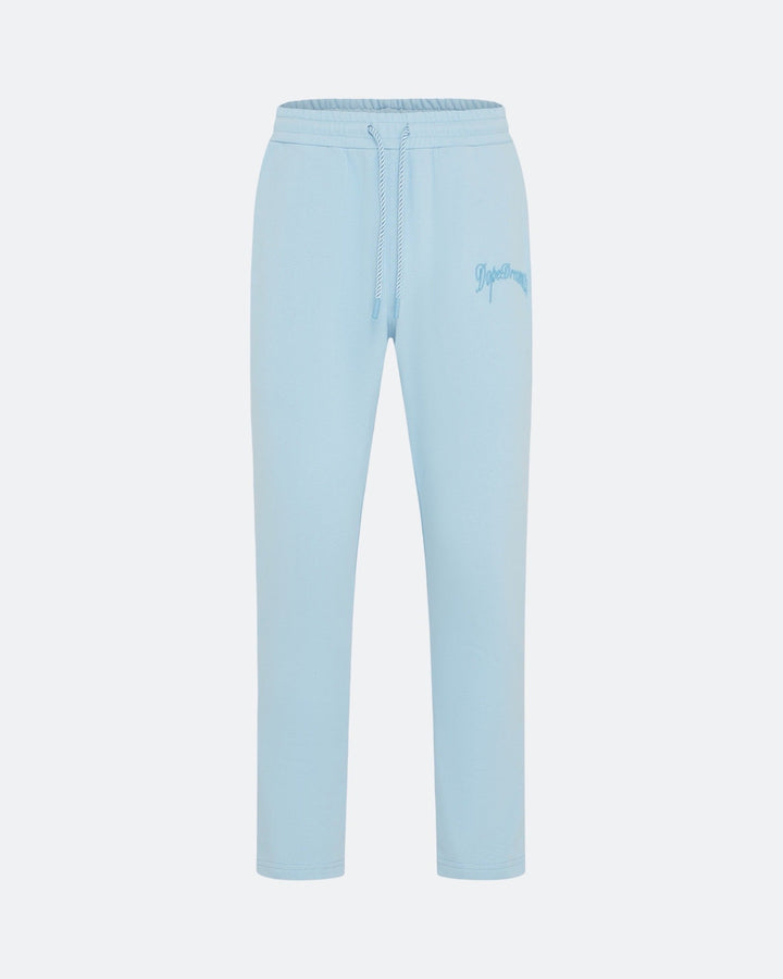 Sky blue joggers with embroidered 3D logo on a white background
