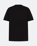 Back view of a black t-shirt against a white background
