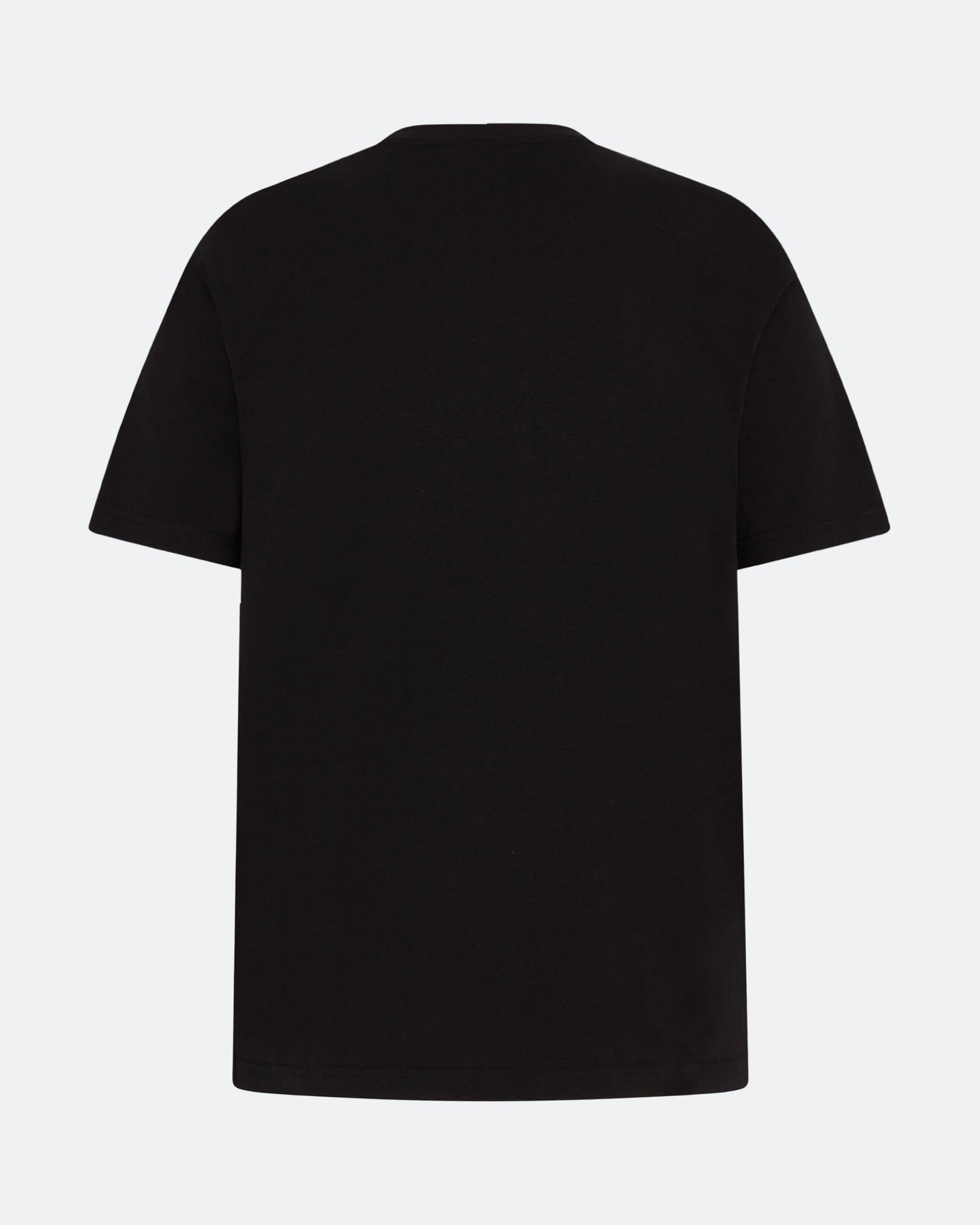 Back view of a black t-shirt against a white background
