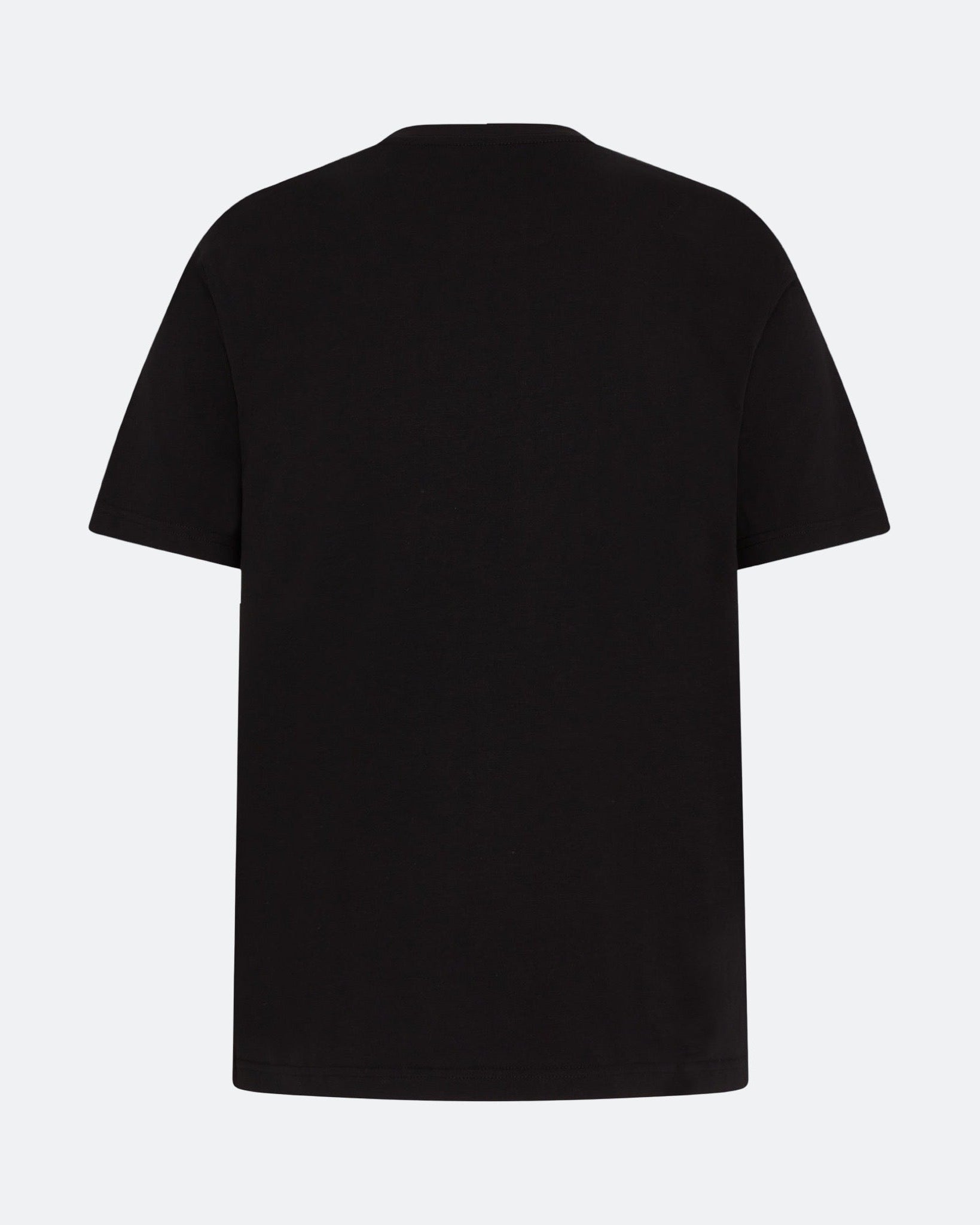 Back view of a black t-shirt against a white background
