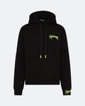 Black hoodie with neon 3D embroidered logo on the chest against a light background
