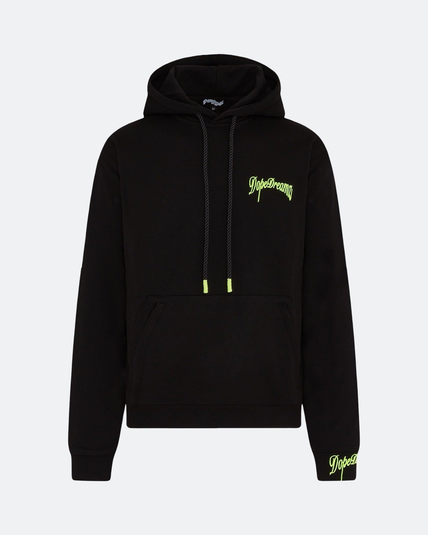 Black hoodie with neon 3D embroidered logo on the chest against a light background
