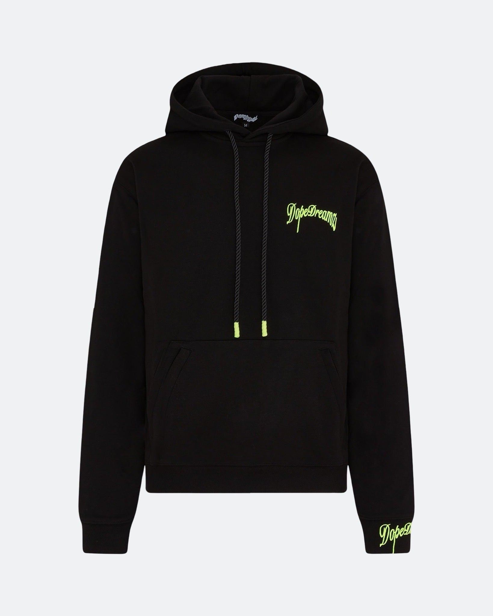 Black hoodie with neon 3D embroidered logo on the chest against a light background

