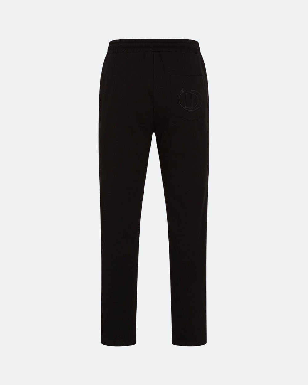 “Black joggers with rear pocket and tonal 3D embroidered logo on a light grey background
