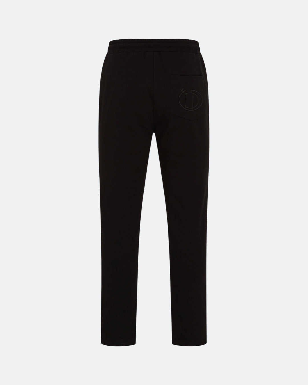“Black joggers with rear pocket and tonal 3D embroidered logo on a light grey background
