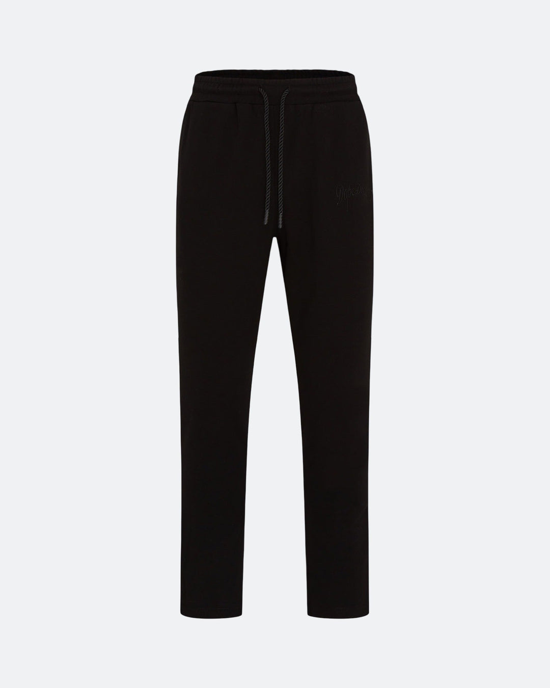 Black joggers with adjustable drawstring waist and subtle 3D embroidered logo on a light grey background

