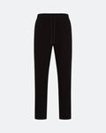 Black joggers with adjustable drawstring waist and subtle 3D embroidered logo on a light grey background
