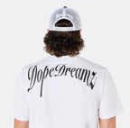 Close-up back view of the DopeDreamz Interlude Noir white premium T-shirt featuring the black DopeDreamz back graphic.