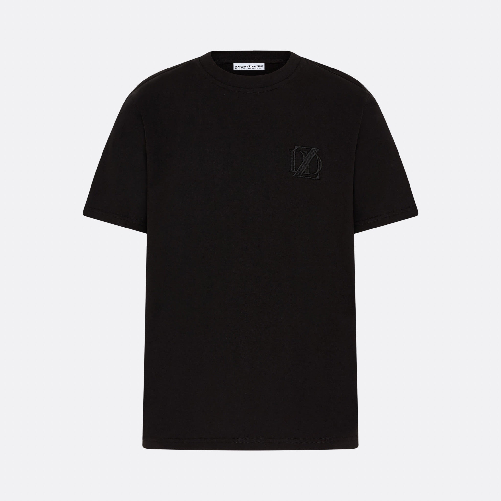    Black DopeDreamz Interlude Noir T-shirt front view with black embroidered DDZ logo