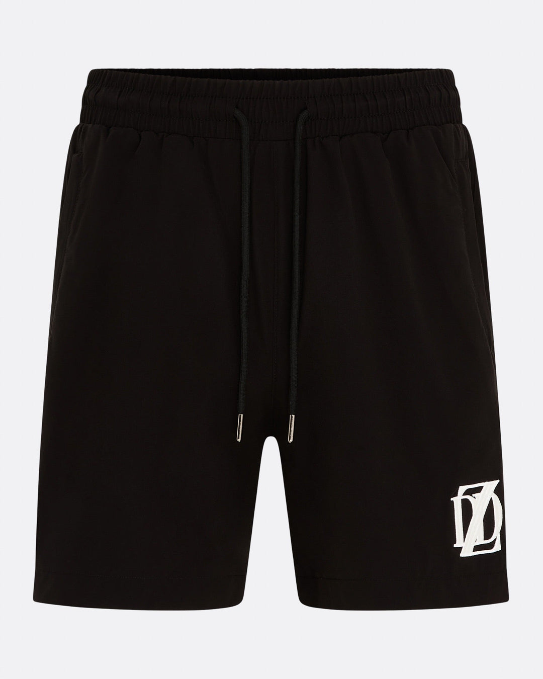     Black DopeDreamz Interlude Noir shorts front view with white embroidered DDZ logo