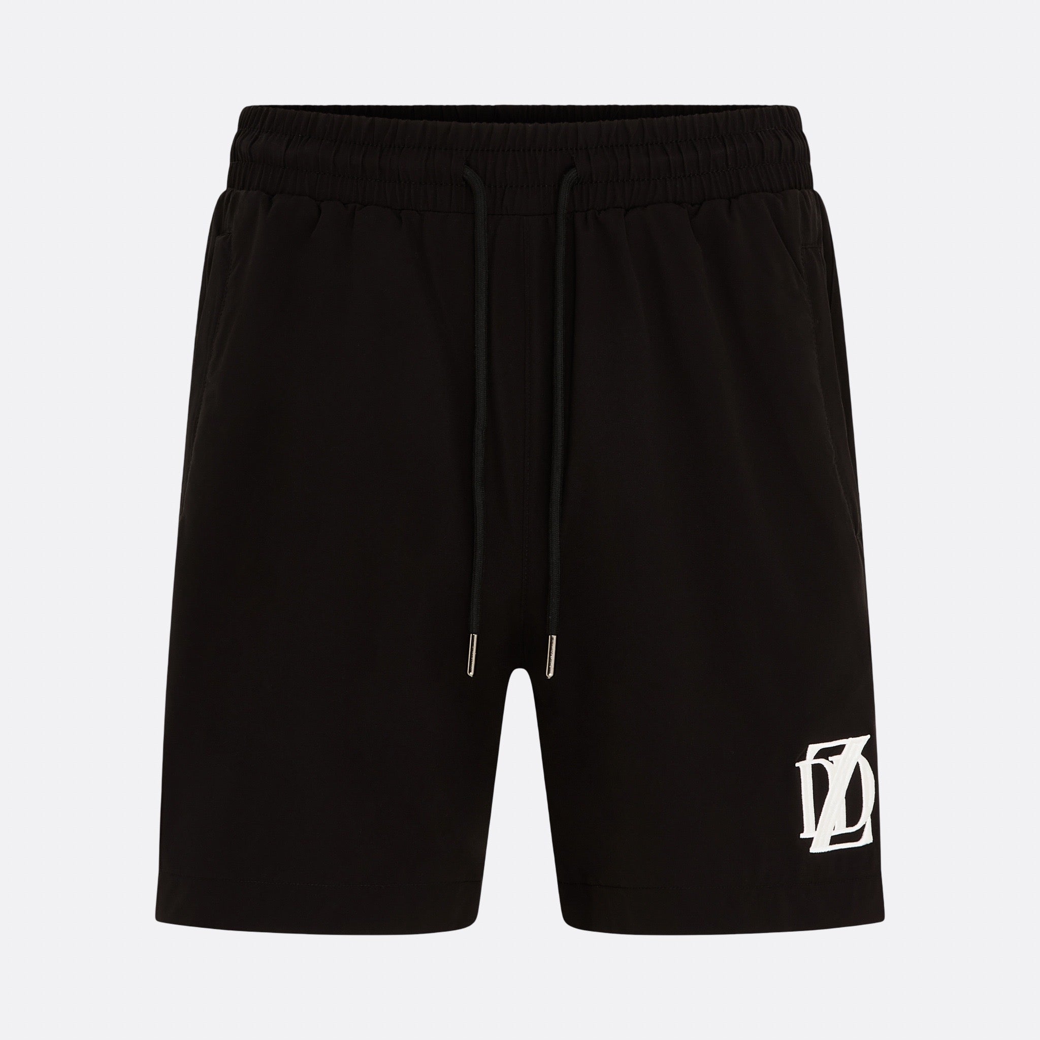     Black DopeDreamz Interlude Noir shorts front view with white embroidered DDZ logo