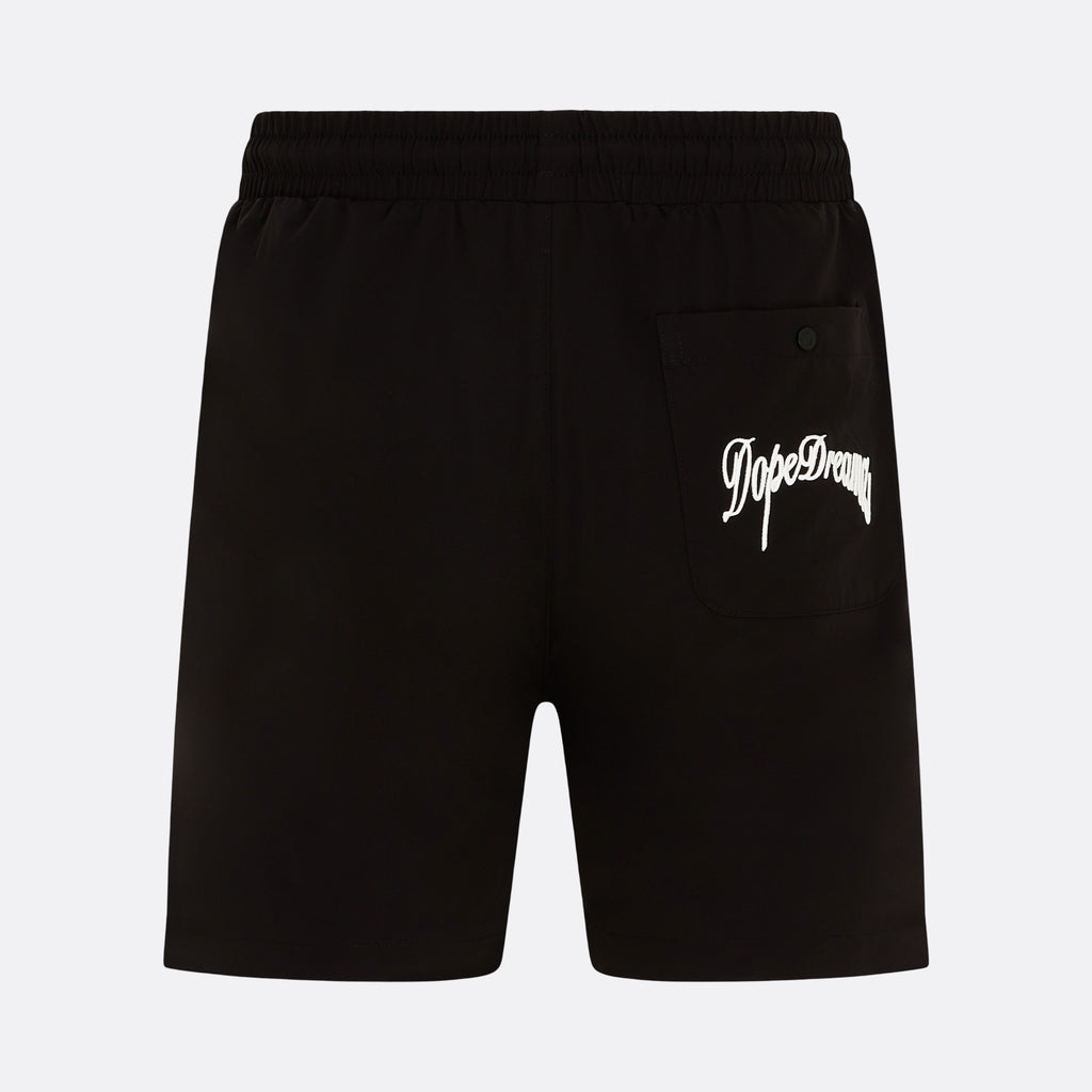    Black DopeDreamz Interlude Noir shorts back view with white embroidered DopeDreamz logo on pocket
