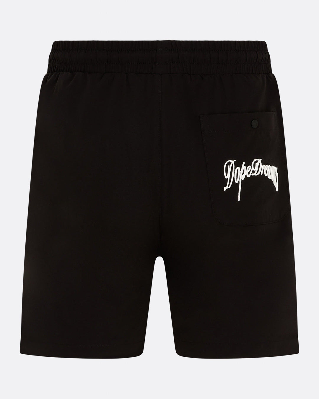     Black DopeDreamz Interlude Noir shorts back view with white embroidered DopeDreamz logo on pocket