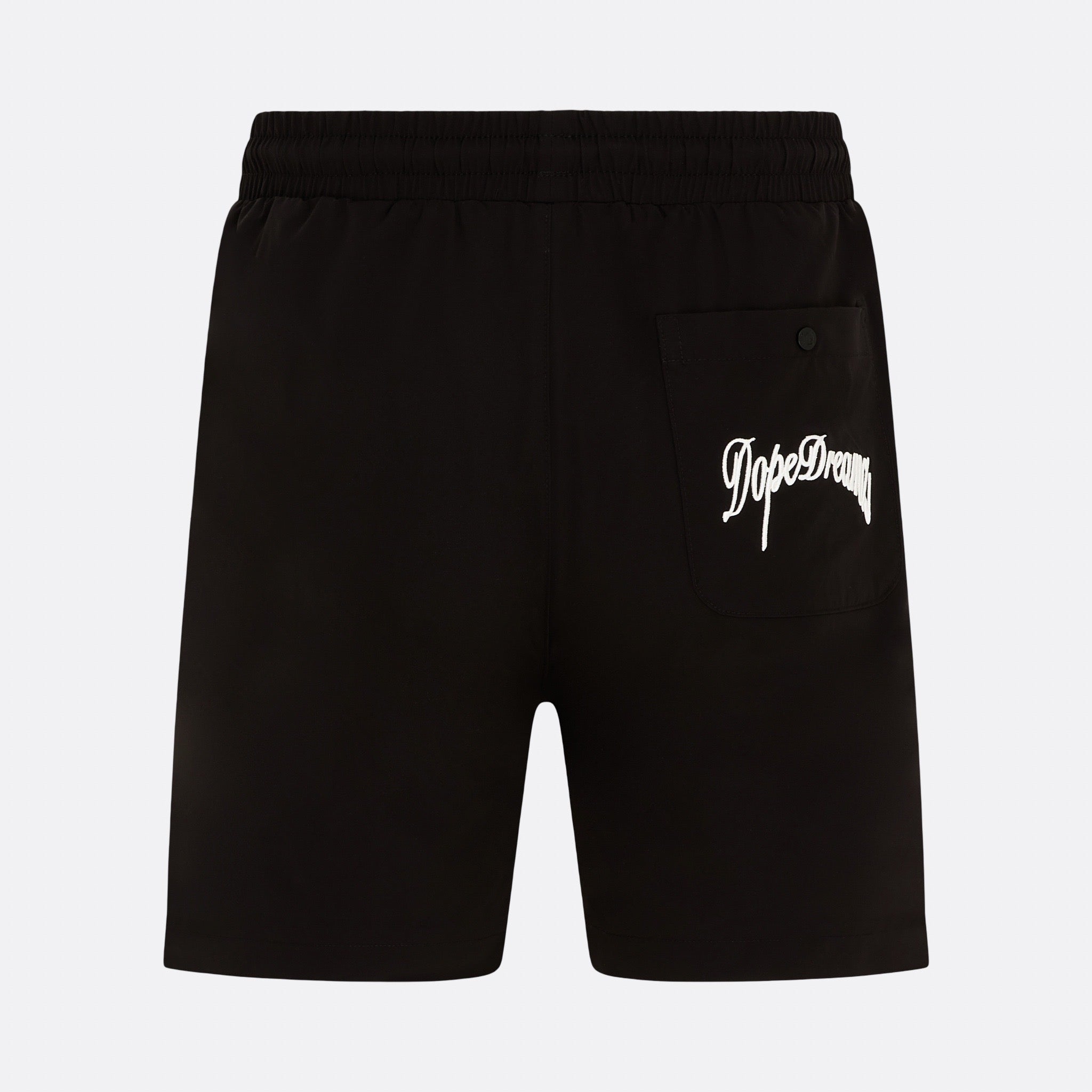    Black DopeDreamz Interlude Noir shorts back view with white embroidered DopeDreamz logo on pocket