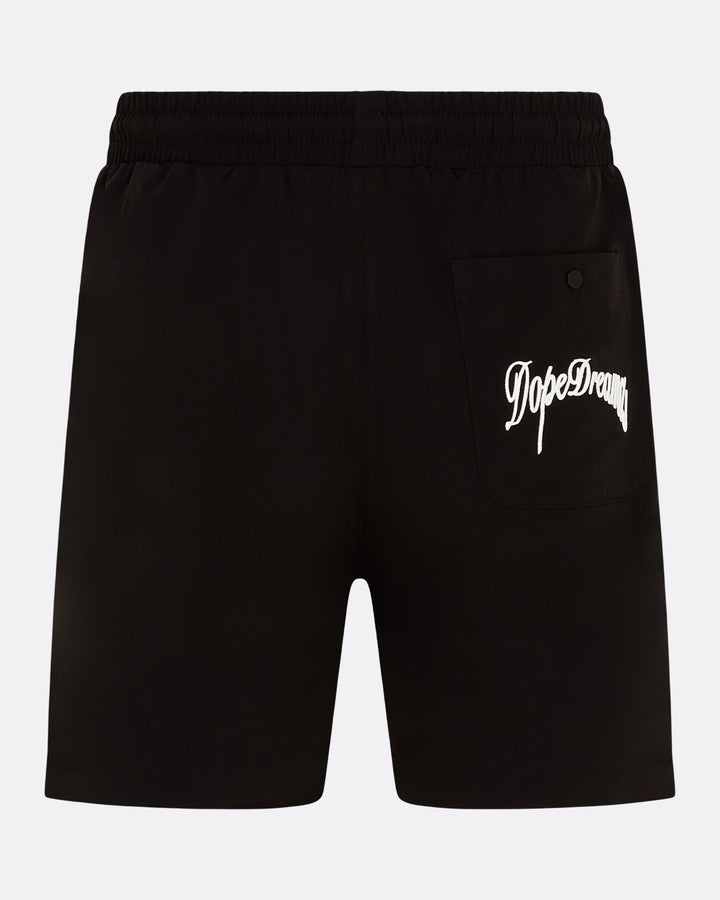     Black DopeDreamz Interlude Noir shorts back view with white embroidered DopeDreamz logo on pocket